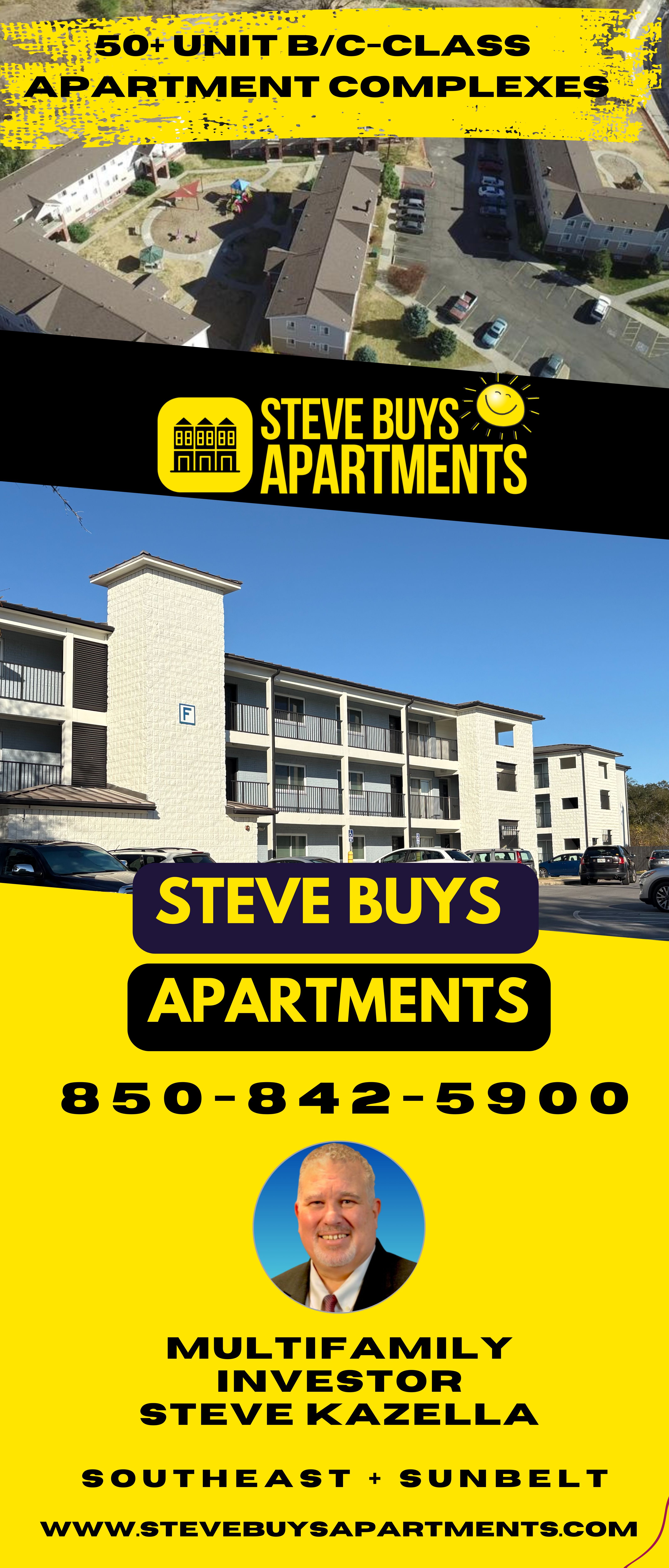 Steve B buys Apartment Complexes Multifamily Investors 850-842-5900 Vertical Banner Yellow Black