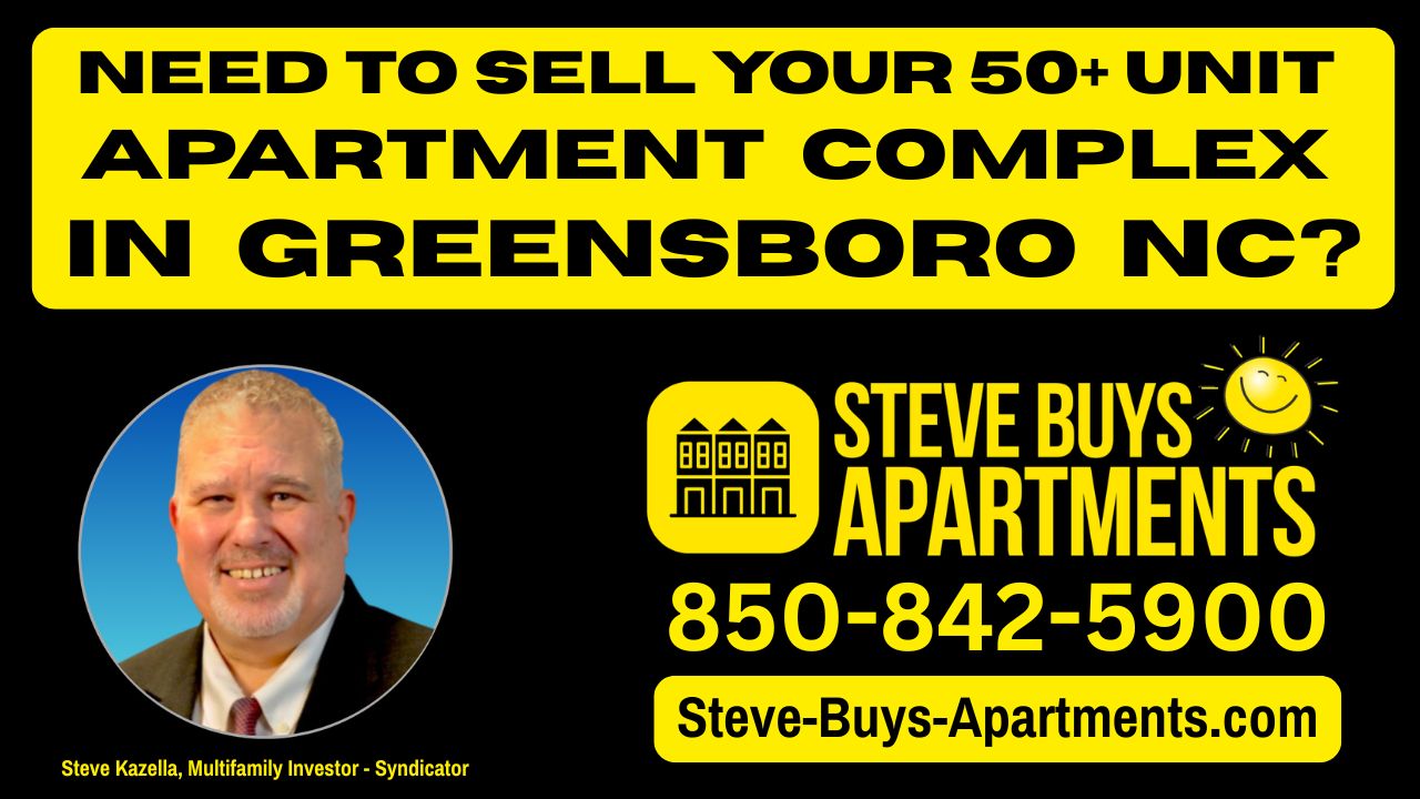Call Greensboro multifamily investor Steve Kazella at 850-842-5900 if you need to sell your apartment complex in the Greensboro NC Piedmont Triad region. We buy apartment complexes in Greensboro NC.