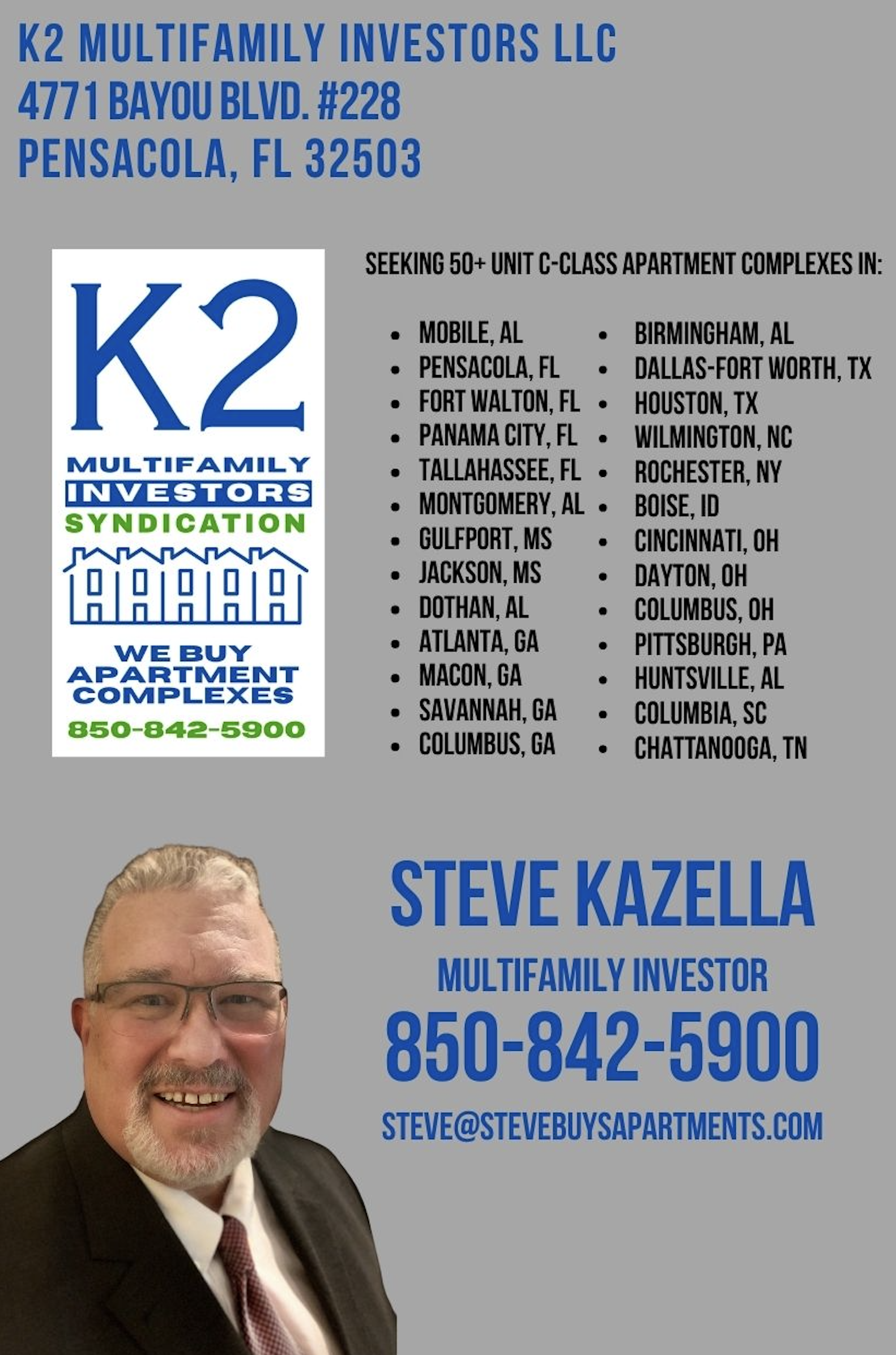 <b><font color = navy>Talk to Steve about selling us your apartment complex today.</b></font>