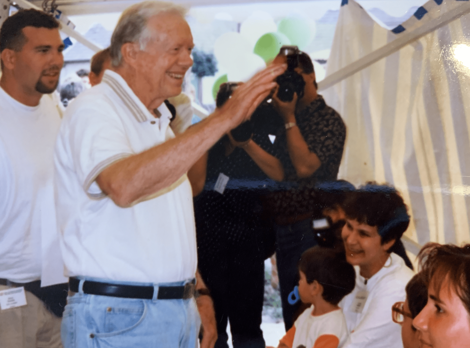 Steve With President Carter greeting families after Habitat project opening ceremony 1996 Vac Hungary