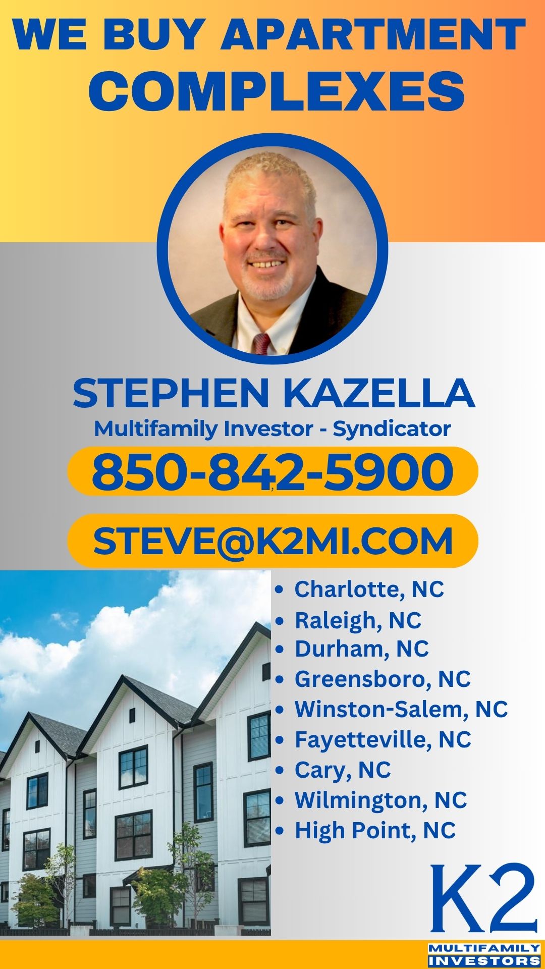 We Buy Apartment Complexes in North Carolina - multifamily investor 850-842-5900