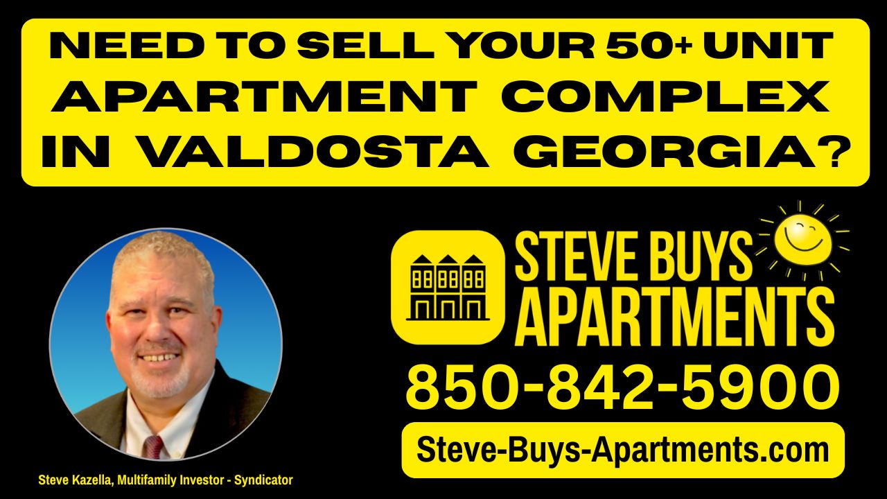 Call Valdosta multifamily investor Steve Kazella at 850-842-5900 if you need to sell your Valdosta Georgia Apartment Complex. We buy apartment complexes in Valdosta GA and surrounding areas.